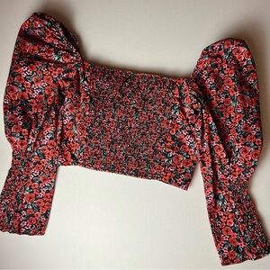Zara Floral‎ Smocked Puff Sleeve Top medium crop red black bohemian colorful